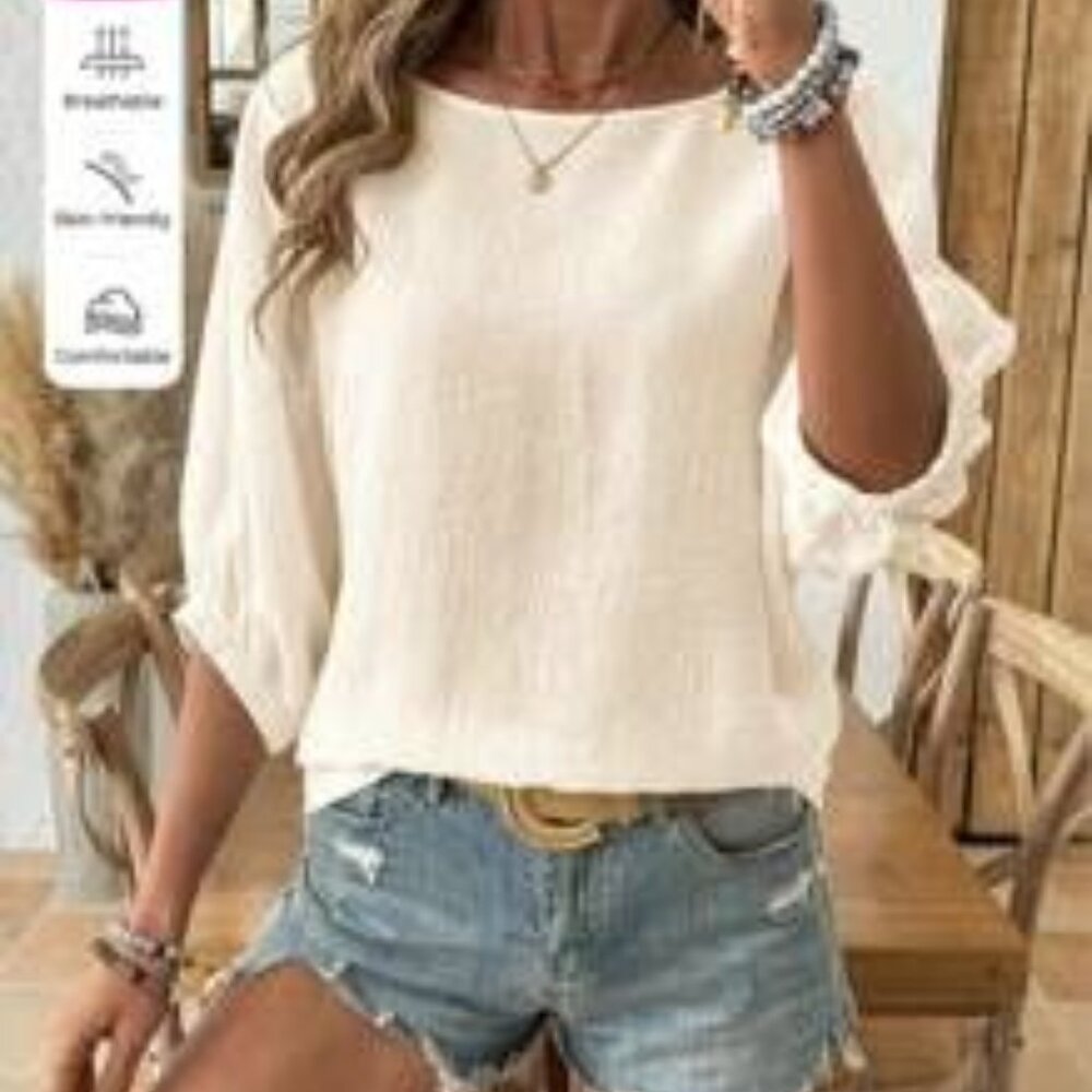 LUNE Women's Casual Solid Color Dolman Sleeve Blouse, Basic 3/4 Sleeve Shirt